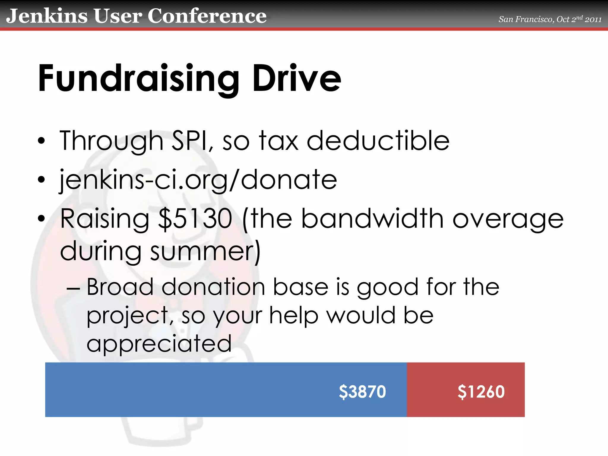 Fundraising DriveThrough SPI, so tax deductiblejenkins-ci.org/donateRaising $5130 (the bandwidth overage during summer)Broad donation base is good for the project, so your help would be appreciated