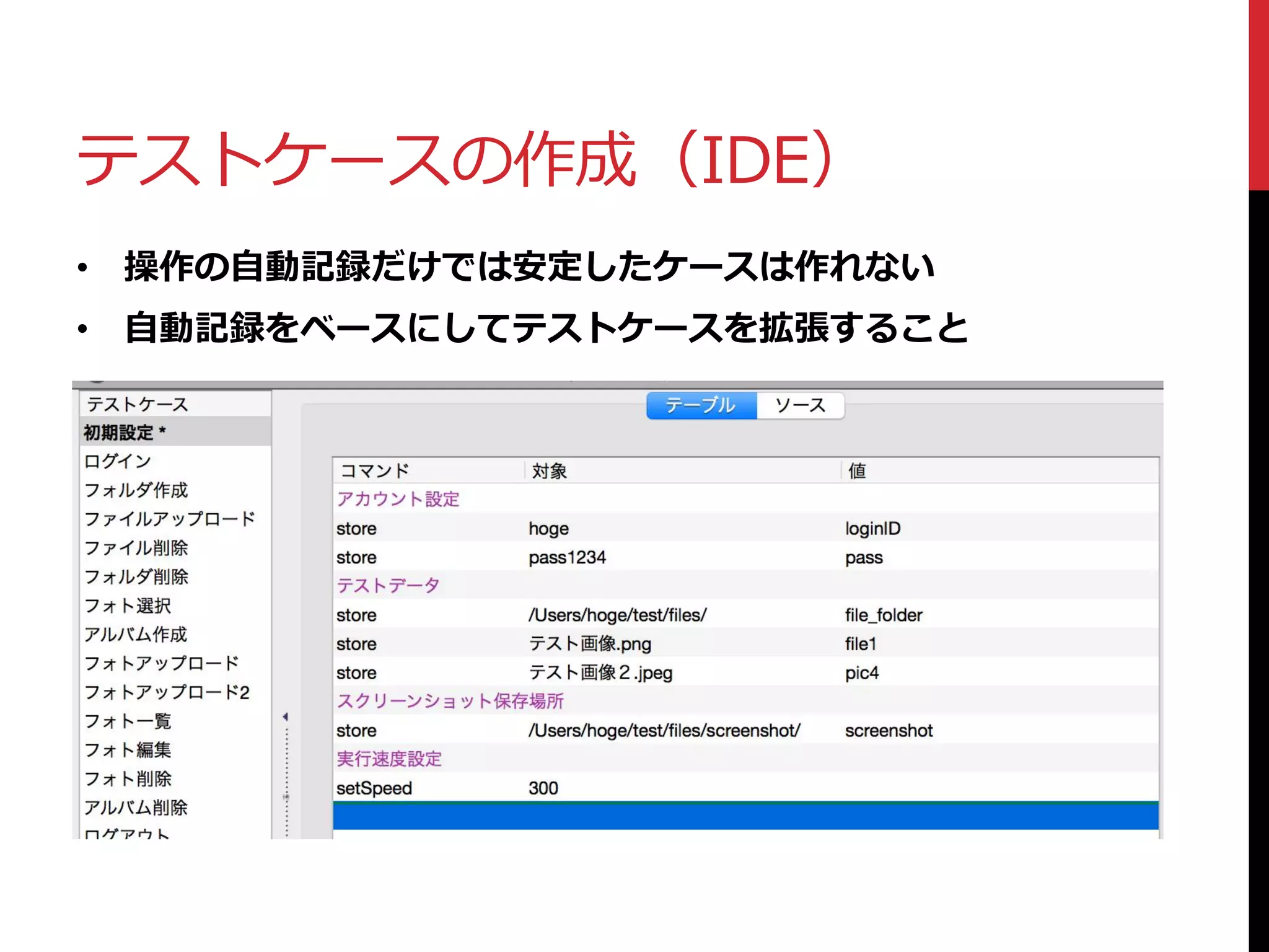 テストケースの作成（IDE）
• 操作の自動記録だけでは安定したケースは作れない
• 自動記録をベースにしてテストケースを拡張すること
 