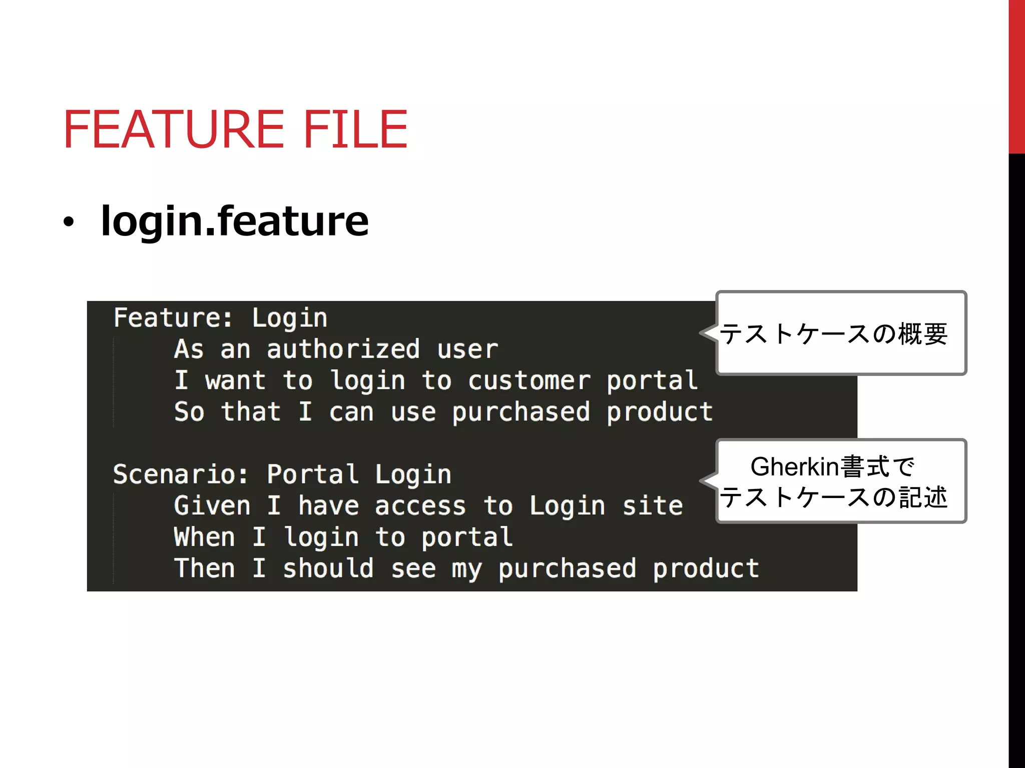FEATURE FILE
• login.feature
テストケースの概要
Gherkin書式で
テストケースの記述
 