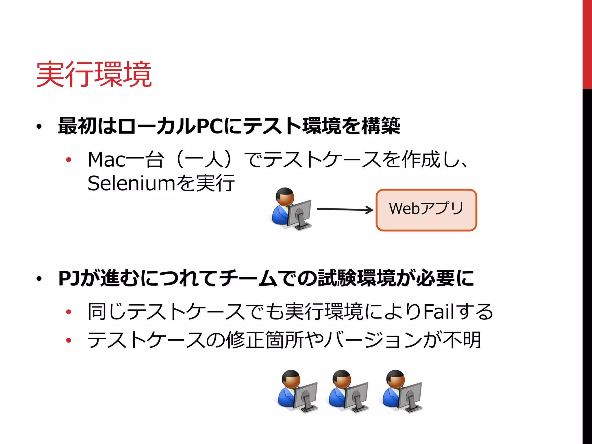 実行環境
• 最初はローカルPCにテスト環境を構築
• Mac一台（一人）でテストケースを作成し、
Seleniumを実行
• PJが進むにつれてチームでの試験環境が必要に
• 同じテストケースでも実行環境によりFailする
• テストケースの修正箇所やバージョンが不明
Webアプリ
 