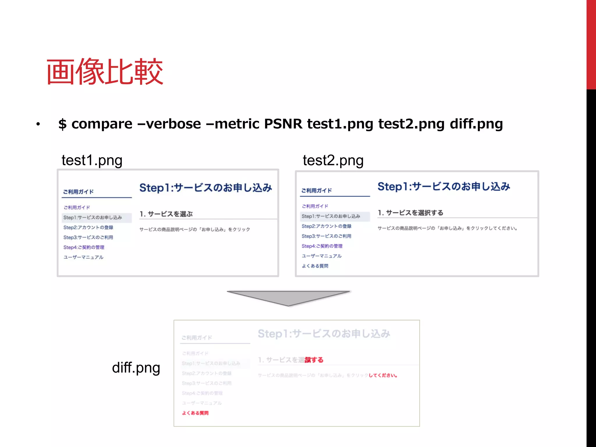 • $ compare –verbose –metric PSNR test1.png test2.png diff.png
test1.png test2.png
diff.png
画像比較
 