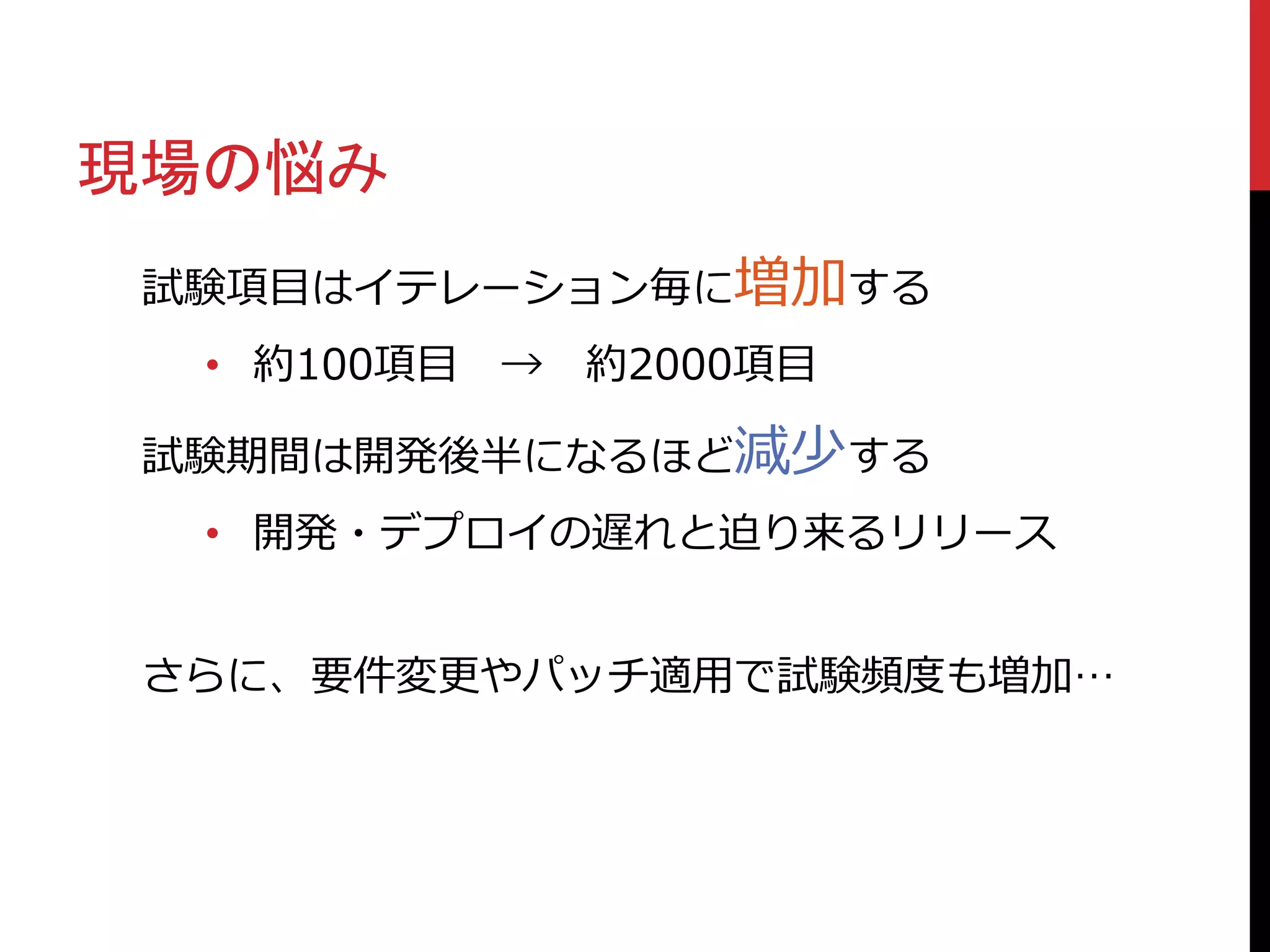 現場の悩み
試験項目はイテレーション毎に増加する
• 約100項目 → 約2000項目
試験期間は開発後半になるほど減少する
• 開発・デプロイの遅れと迫り来るリリース
さらに、要件変更やパッチ適用で試験頻度も増加…
 