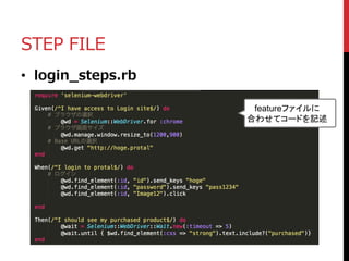 STEP FILE
• login_steps.rb
featureファイルに
合わせてコードを記述
 