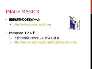 IMAGE MAGICK
• 画像処理のOSSツール
• http://www.imagemagick.org
• compareコマンド
• ２枚の画像を比較して差分を計算
• http://www.imagemagick.org/script/compare.php
 