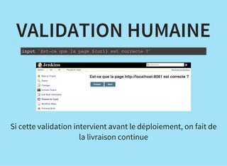 VALIDATION HUMAINE
input 'Est-ce que la page ${url} est correcte ?'
Si cette validation intervient avant le déploiement, on fait de
la livraison continue
 