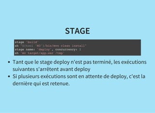 STAGE
stage 'build'
sh "${tool 'M3'}/bin/mvn clean install"
stage name: 'deploy', concurrency: 1
sh 'mv target/app.war /tmp'
Tant que le stage deploy n'est pas terminé, les exécutions
suivantes s'arrêtent avant deploy
Si plusieurs exécutions sont en attente de deploy, c'est la
dernière qui est retenue.
 