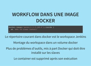 WORKFLOW DANS UNE IMAGE
DOCKER
docker.image('maven:3.3.3-jdk-8').inside {
sh 'mvn -B clean install'
}
Le répertoire courant dans docker est le workspace Jenkins
Montage du workspace dans un volume docker
Plus de problèmes d'outils, mis à part Docker qui doit être
installé sur les slaves
Le container est supprimé après son exécution
 