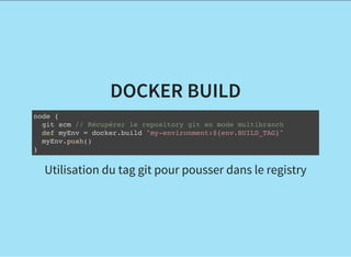 DOCKER BUILD
node {
git scm // Récupérer le repository git en mode multibranch
def myEnv = docker.build "my-environment:${env.BUILD_TAG}"
myEnv.push()
}
Utilisation du tag git pour pousser dans le registry
 