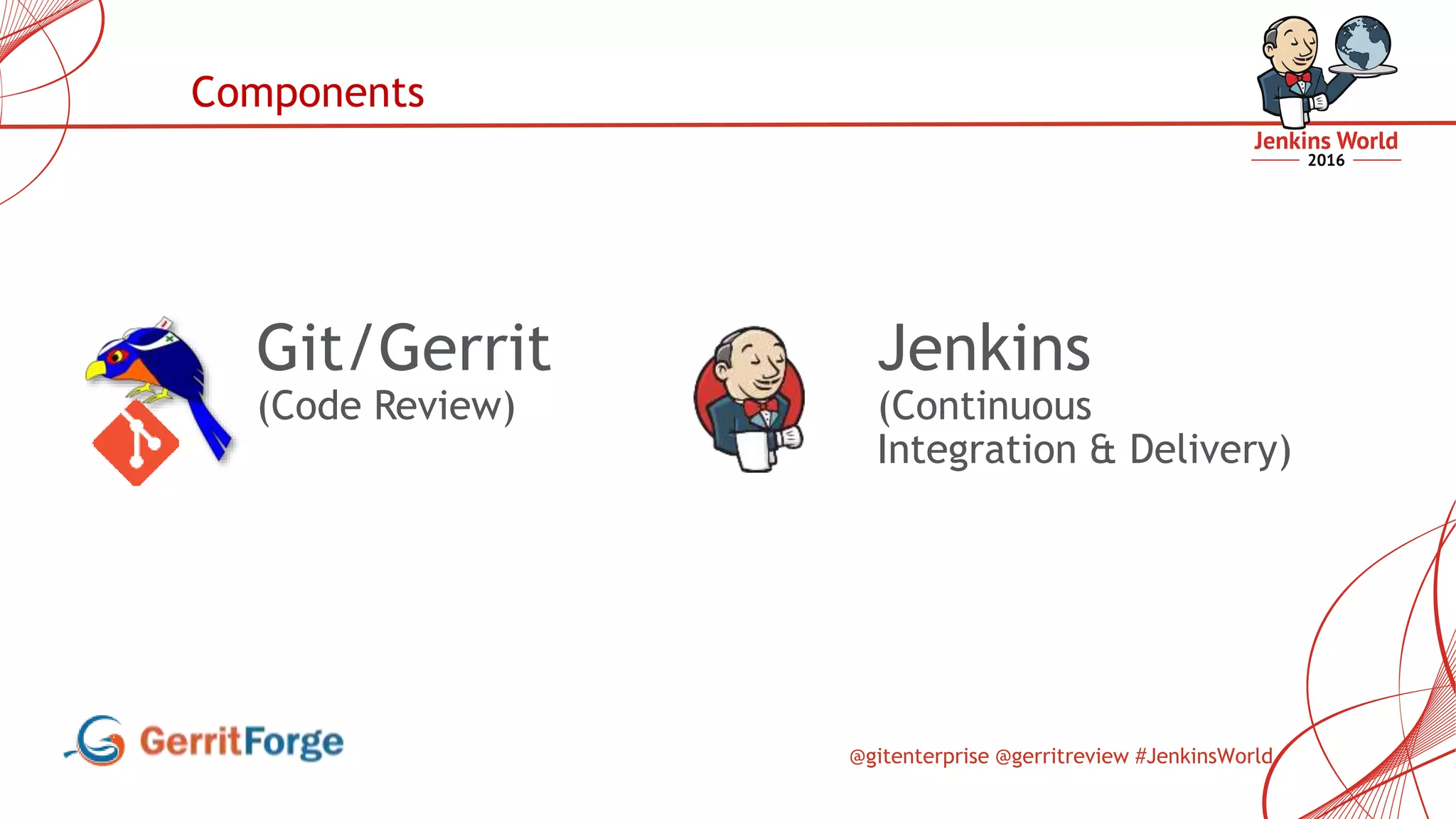 @gitenterprise @gerritreview #JenkinsWorld
Git/Gerrit
(Code Review)
Components
Jenkins
(Continuous
Integration & Delivery)
 