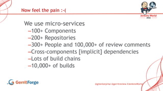 @gitenterprise @gerritreview #JenkinsWorld
We use micro-services
–100+ Components
–200+ Repositories
–300+ People and 100,000+ of review comments
–Cross-components [implicit] dependencies
–Lots of build chains
–10,000+ of builds
Now feel the pain :-(
 
