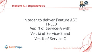 @gitenterprise @gerritreview #JenkinsWorld
In order to deliver Feature ABC
I NEED
Ver. N of Service-A with
Ver. M of Service-B and
Ver. K of Service C
Problem #3 : Dependencies
 
