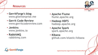 @gitenterprise @gerritreview #JenkinsWorld
• GerritForge's blog
www.gitenterprise.me
• Gerrit Code Review
www.gerritcodereview.com
• Jenkins
www.jenkins.io
• RabbitMQ
rabbitmq.com
Resources
• Apache Flume
flume.apache.org
• Hadoop HDFS
hadoop.apache.org
• Apache Spark
spark.apache.org
• Kibana
github.com/elastic/kibana
 