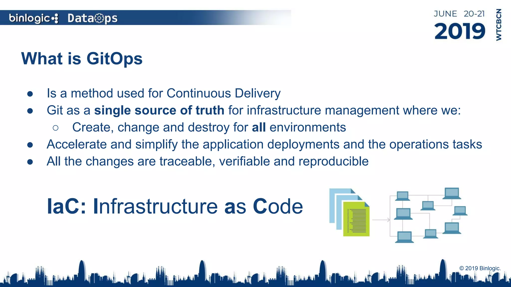 What is GitOps
● Is a method used for Continuous Delivery
● Git as a single source of truth for infrastructure management where we:
○ Create, change and destroy for all environments
● Accelerate and simplify the application deployments and the operations tasks
● All the changes are traceable, verifiable and reproducible
IaC: Infrastructure as Code
© 2019 Binlogic.
 