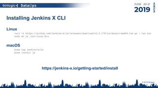 Installing Jenkins X CLI
Linux
curl -L https://github.com/jenkins-x/jx/releases/download/v2.0.278/jx-darwin-amd64.tar.gz | tar xzv
sudo mv jx /usr/local/bin
macOS
brew tap jenkins-x/jx
brew install jx
https://jenkins-x.io/getting-started/install
© 2019 Binlogic.
 