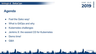 Agenda
● Feel the Geko way!
● What is GitOps and why
● Kubernetes challenges
● Jenkins X: the easiest CD for Kubernetes
● Demo time!
● Q&A
© 2019 Binlogic.
 