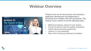 © 2019 CloudBees, Inc. All Rights Reserved.
Webinar Overview
Thanks to the rise of microservices and containers,
applicati...