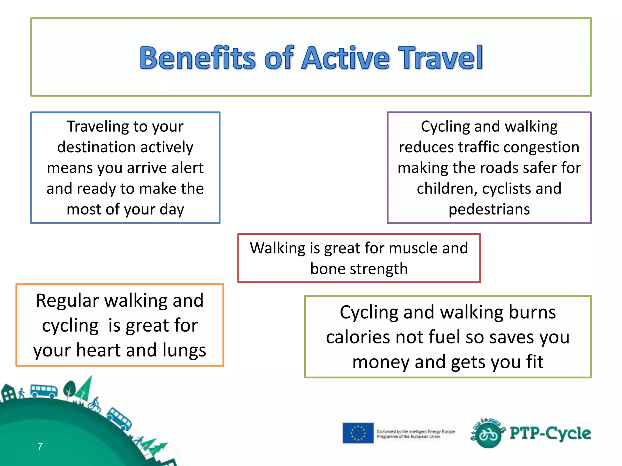 7
Cycling and walking burns
calories not fuel so saves you
money and gets you fit
Cycling and walking
reduces traffic congestion
making the roads safer for
children, cyclists and
pedestrians
Regular walking and
cycling is great for
your heart and lungs
Traveling to your
destination actively
means you arrive alert
and ready to make the
most of your day
Walking is great for muscle and
bone strength
