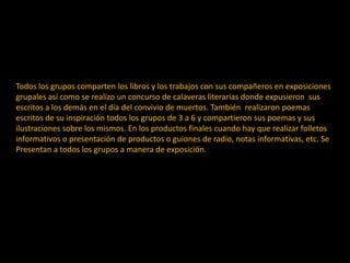 Todos los grupos comparten los libros y los trabajos con sus compañeros en exposiciones
grupales así como se realizo un concurso de calaveras literarias donde expusieron sus
escritos a los demás en el día del convivio de muertos. También realizaron poemas
escritos de su inspiración todos los grupos de 3 a 6 y compartieron sus poemas y sus
ilustraciones sobre los mismos. En los productos finales cuando hay que realizar folletos
informativos o presentación de productos o guiones de radio, notas informativas, etc. Se
Presentan a todos los grupos a manera de exposición.
 