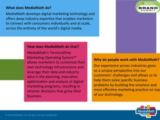 ©	
  2014	
  MediaMath,	
  Inc.	
  All	
  rights	
  reserved.	
  Conﬁden<al.	
  
What	
  does	
  MediaMath	
  do?	
  
MediaMath	
  develops	
  digital	
  marke<ng	
  technology	
  and	
  
oﬀers	
  deep	
  industry	
  exper<se	
  that	
  enables	
  marketers	
  
to	
  connect	
  with	
  consumers	
  individually	
  and	
  at	
  scale,	
  
across	
  the	
  en<rety	
  of	
  the	
  world's	
  digital	
  media.	
  
How	
  does	
  MediaMath	
  do	
  that?	
  
MediaMath’s	
  TerminalOne	
  
Marke<ng	
  Opera<ng	
  System™	
  
allows	
  marketers	
  to	
  customize	
  their	
  
own	
  technology	
  infrastructure	
  and	
  
leverage	
  their	
  data	
  and	
  industry	
  
data	
  in	
  the	
  planning,	
  execu<on,	
  
op<miza<on	
  and	
  analysis	
  of	
  digital	
  
marke<ng	
  programs,	
  resul<ng	
  in	
  
smarter	
  decisions	
  that	
  grow	
  their	
  
business.	
  
Why	
  do	
  people	
  work	
  with	
  MediaMath?	
  
Our	
  experience	
  across	
  industries	
  gives	
  
us	
  a	
  unique	
  perspec<ve	
  into	
  our	
  
customers’	
  challenges	
  and	
  allows	
  us	
  to	
  
help	
  them	
  solve	
  speciﬁc	
  business	
  
problems	
  by	
  building	
  the	
  smartest	
  and	
  
most	
  eﬀec<ve	
  marke<ng	
  prac<ce	
  on	
  top	
  
of	
  our	
  technology.	
  
 