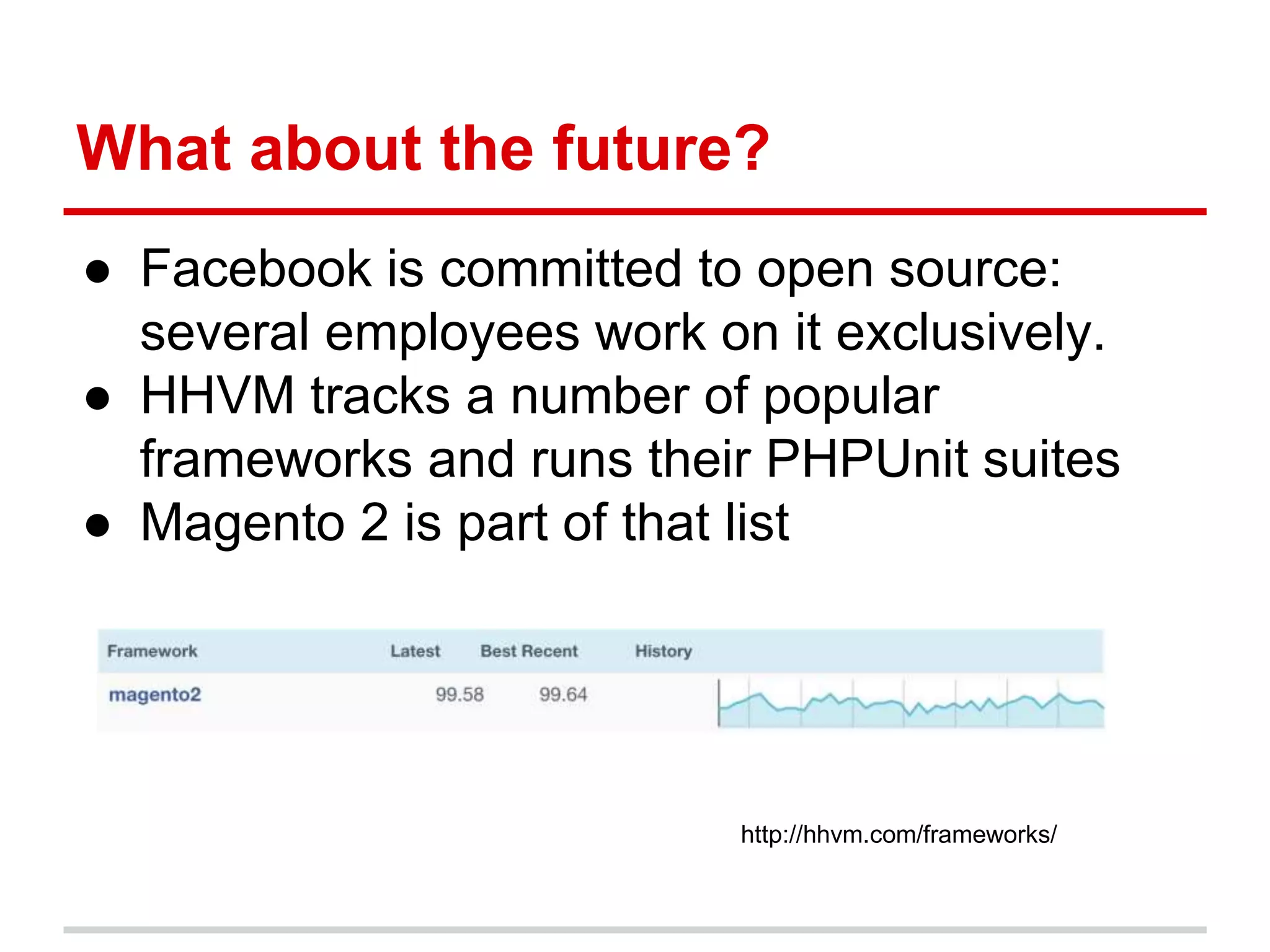What about the future? 
● Facebook is committed to open source: 
several employees work on it exclusively. 
● HHVM tracks a number of popular 
frameworks and runs their PHPUnit suites 
● Magento 2 is part of that list 
http://hhvm.com/frameworks/ 
 
