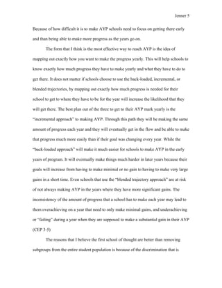 Jenner 5


Because of how difficult it is to make AYP schools need to focus on getting there early

and than being able to make more progress as the years go on.

       The form that I think is the most effective way to reach AYP is the idea of

mapping out exactly how you want to make the progress yearly. This will help schools to

know exactly how much progress they have to make yearly and what they have to do to

get there. It does not matter if schools choose to use the back-loaded, incremental, or

blended trajectories, by mapping out exactly how much progress is needed for their

school to get to where they have to be for the year will increase the likelihood that they

will get there. The best plan out of the three to get to their AYP mark yearly is the

“incremental approach” to making AYP. Through this path they will be making the same

amount of progress each year and they will eventually get in the flow and be able to make

that progress much more easily than if their goal was changing every year. While the

“back-loaded approach” will make it much easier for schools to make AYP in the early

years of program. It will eventually make things much harder in later years because their

goals will increase from having to make minimal or no gain to having to make very large

gains in a short time. Even schools that use the “blended trajectory approach” are at risk

of not always making AYP in the years where they have more significant gains. The

inconsistency of the amount of progress that a school has to make each year may lead to

them overachieving on a year that need to only make minimal gains, and underachieving

or “failing” during a year when they are supposed to make a substantial gain in their AYP

(CEP 3-5)

       The reasons that I believe the first school of thought are better than removing

subgroups from the entire student population is because of the discrimination that is
 