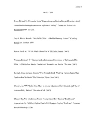 Jenner 9


                                     Works Cited



Ryan, Richard M. Weinstein, Netta “Undermining quality teaching and learning: A self

determination theory perspective on high-stakes testing.” Theory and Research in

Education (2009) 224-233.



Smyth, Theoni Soublis. “Who Is No Child Left Behind Leaving Behind?” Clearing

House Jan. and Feb. 2008



Butzin, Sarah M. “NCLB: Fix It, Don’t Nix It” Phi Delta Kappan (2007)



Vannest, Kimberly J. “ Educator and Administrator Perceptions of the Impact of No

Child Left Behind on Special Populations” Remedial and Special Education (2009)



Ravitch, Diane Cortese, Antonia “Why We’re Behind: What Top Nations Teach Their

Students But We Don’t” The Education Digest (June 2009)



Olson, Lynn “AYP Rules Miss Many in Special Education: More Students Left Out of

Accountability Ratings” Education Week (2005)



Chudowsky, Vic. Chudowsky Naomi “Many States Have Taken a “Backloaded”

Approach to No Child Left Behind Goal of All Students Scoring “Proficient” Center on

Education Policy (2008)
 
