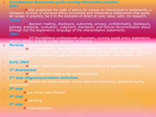 
















Foundational documents guide nursing informatics practice.
2001
 ANA published the code of ethics for nurses w/ interpretative statements, a
complete revision of previous ethics provisions and interpretive statements that guide
all nurses in practice, be it in the domains of direct pt care, educ, adm. Or research.
Terms
 decision making, disclosure, outcomes, privacy, confidentiality, disclosure,
policies, protocols, evaluation, judgment, standards, and factual documentation about
through out the explanatory language of the interpretative statements.
2003
 2nd foundational professionals document, nursing social policy statements
second edition, provide a new definition of nursing.
Nursing
 is the protection, promotion and optimization of health and abilities,
prevention of illness and injury, alleviation of suffering through the diagnosis and tx of
human response, advocacy in the care of individuals, families, communities, and
populations.
Early 2004
 further reinforces the recognition of nursing as a cognitive profession.
st Assessment
1
 data collection begins the nursing process.
nd step diagnosis/problem definition
2
 reflects the interpretation of the data and information gathered during
assessment.
3rd step
 out comes identification
th step
4
 planning
th step
5
 implementation

 
