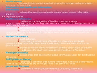

Nursing process
 literature, includes numerous feedback ropes and incorporates evaluation activities
throughout the sequencing.

Informatics and health care information.

Informatics
 science that combines a domain science comp. science information
science,
and cognitive science.

Healthcare informatics
 defined as the integration of health care science, comp
science, information science, and cognitive science to assist in the management of the
healthcare information.
 sub discipline of informatics.
 relatively young addition to the informatics umbrella, you may see other
terms that seem to be synonyms for this same area, such as health informatics or
medical informatics.

Medical informatics
 used in Europe.
 more clearly a sub domain of healthcare informatics and health
informatics may mean informatics used in educating healthcare clients and/or the
general public.
 evolves so will the clarity in definition of terms and scoop[s of practice.
 addresses the study and management healthcare information.

Nursing informatics
 unique areas that address the special information needs for the discipline
of nursing.

1985 (Kathryn Hanna)
 proposed a definition that nursing informatics is the use of information
technologies in relation to any nursing function and action of nurses.

graves and Corcoran
 presented a more complex definitions of nursing informatics.


 
