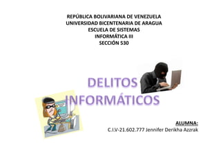 REPÚBLICA BOLIVARIANA DE VENEZUELA
UNIVERSIDAD BICENTENARIA DE ARAGUA
ESCUELA DE SISTEMAS
INFORMÁTICA III
SECCIÓN 530
ALUMNA:
C.I.V-21.602.777 Jennifer Derikha Azzrak
 
