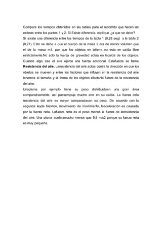Compare los tiempos obtenidos en las tablas para el recorrido que hacen las
esferas entre los puntos 1 y 2. Si Existe diferencia, explique ¿a que se debe?
Si existe una diferencia entre los tiempos de la tabla 1 (0,28 seg) y la tabla 2
(0,27). Esto se debe a que el cuerpo de la masa 2 era de menor volumen que
el de la masa m1, por que los objetos en latierra no esta en caída libre
estrictamente.No solo la fuerza de gravedad actúa en lacaída de los objetos.
Cuando algo cae el aire ejerce una fuerza adicional. Estafuerza se llama
Resistencia del aire. Laresistencia del aire actúa contra la dirección en que los
objetos se mueven y entre los factores que influyen en la resistencia del aire
tenemos el tamaño y la forma de los objetos afectanla fuerza de la resistencia
del aire.
Unapluma por ejemplo tiene su peso distribuidoen una gran área
comparativamente, así puesempuja mucho aire en su caída. La fuerza dela
resistencia del aire es mayor comparadacon su peso. De acuerdo con la
segunda leyde Newton, movimiento de movimiento, laaceleración es causada
por la fuerza neta. Lafuerza neta es el peso menos la fuerza de laresistencia
del aire. Una pluma aceleramucho menos que 9.8 m/s2 porque su fuerza neta
es muy pequeña.
 
