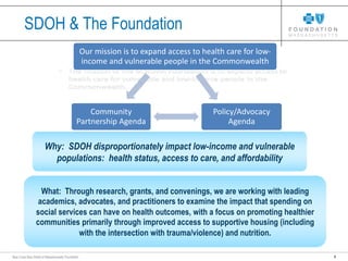8Blue Cross Blue Shield of Massachusetts Foundation
• The mission of the BCBSMA Foundation is to expand access
to health care for vulnerable and low-income people in the
Commonwealth.
Our mission is to expand access to health care for low-
income and vulnerable people in the Commonwealth
Policy/Advocacy
Agenda
Community
Partnership Agenda
SDOH & The Foundation
Why: SDOH disproportionately impact low-income and vulnerable
populations: health status, access to care, and affordability
What: Through research, grants, and convenings, we are working with leading
academics, advocates, and practitioners to examine the impact that spending on
social services can have on health outcomes, with a focus on promoting healthier
communities primarily through improved access to supportive housing (including
with the intersection with trauma/violence) and nutrition.
 