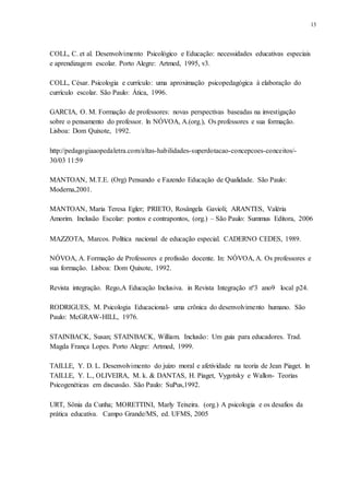 13
COLL, C. et al. Desenvolvimento Psicológico e Educação: necessidades educativas especiais
e aprendizagem escolar. Porto Alegre: Artmed, 1995, v3.
COLL, César. Psicologia e currículo: uma aproximação psicopedagógica à elaboração do
currículo escolar. São Paulo: Ática, 1996.
GARCIA, O. M. Formação de professores: novas perspectivas baseadas na investigação
sobre o pensamento do professor. ln NÓVOA, A.(org.), Os professores e sua formação.
Lisboa: Dom Quixote, 1992.
http://pedagogiaaopedaletra.com/altas-habilidades-superdotacao-concepcoes-conceitos/-
30/03 11:59
MANTOAN, M.T.E. (Org) Pensando e Fazendo Educação de Qualidade. São Paulo:
Moderna,2001.
MANTOAN, Maria Teresa Egler; PRIETO, Rosângela Gavioli; ARANTES, Valéria
Amorim. Inclusão Escolar: pontos e contrapontos, (org.) – São Paulo: Summus Editora, 2006
MAZZOTA, Marcos. Política nacional de educação especial. CADERNO CEDES, 1989.
NÓVOA, A. Formação de Professores e profissão docente. In: NÓVOA, A. Os professores e
sua formação. Lisboa: Dom Quixote, 1992.
Revista integração. Rego,A Educação Inclusiva. in Revista Integração nº3 ano9 local p24.
RODRIGUES, M. Psicologia Educacional- uma crônica do desenvolvimento humano. São
Paulo: McGRAW-HILL, 1976.
STAINBACK, Susan; STAINBACK, William. Inclusão: Um guia para educadores. Trad.
Magda França Lopes. Porto Alegre: Artmed, 1999.
TAILLE, Y. D. L. Desenvolvimento do juízo moral e afetividade na teoria de Jean Piaget. ln
TAILLE, Y. L., OLIVEIRA, M. k. & DANTAS, H. Piaget, Vygotsky e Wallon- Teorias
Psicogenéticas em discussão. São Paulo: SuPus,1992.
URT, Sônia da Cunha; MORETTINI, Marly Teixeira. (org.) A psicologia e os desafios da
prática educativa. Campo Grande/MS, ed. UFMS, 2005
 