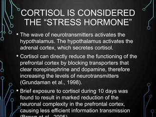 CORTISOL IS CONSIDERED 
THE “STRESS HORMONE” 
• The wave of neurotransmitters activates the 
hypothalamus. The hypothalamu...