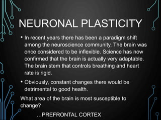 NEURONAL PLASTICITY 
• In recent years there has been a paradigm shift 
among the neuroscience community. The brain was 
o...
