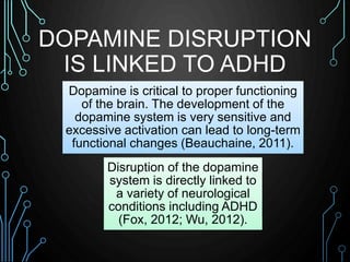DOPAMINE DISRUPTION 
IS LINKED TO ADHD 
Dopamine is critical to proper functioning 
of the brain. The development of the 
...