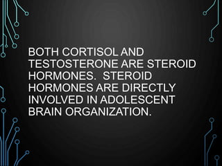 BOTH CORTISOL AND 
TESTOSTERONE ARE STEROID 
HORMONES. STEROID 
HORMONES ARE DIRECTLY 
INVOLVED IN ADOLESCENT 
BRAIN ORGAN...