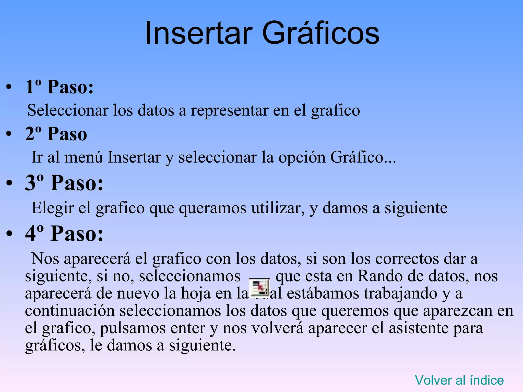 Insertar Gráficos 1º Paso: Seleccionar los datos a representar en el grafico 2º Paso Ir al menú Insertar y seleccionar la opción Gráfico...  3º Paso: Elegir el grafico que queramos utilizar, y damos a siguiente 4º Paso: Nos aparecerá el grafico con los datos, si son los correctos dar a siguiente, si no, seleccionamos  que esta en Rando de datos, nos aparecerá de nuevo la hoja en la cual estábamos trabajando y a continuación seleccionamos los datos que queremos que aparezcan en el grafico, pulsamos enter y nos volverá aparecer el asistente para gráficos, le damos a siguiente. Volver al índice 