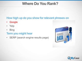 Where Do You Rank?
How high up do you show for relevant phrases on
• Google
• Yelp
• Bing
Term you might hear
• SERP (search engine results page)
 