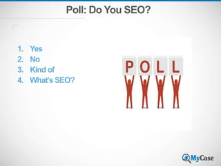 Poll: Do You SEO?
1. Yes
2. No
3. Kind of
4. What’s SEO?
 