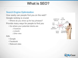 What is SEO?
SearchEngineOptimization
How easily can people find you on the web?
Google ranking is crucial
• Where do you show up for key phrases?
Provide many ways for people to find you
• Go where your potential clients are
oFacebook
oLinkedIn
oOther sites
Ads
• Google
• Facebook
• Relevant sites
 