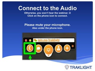 Connect to the Audio 
Otherwise, you won’t hear the webinar.  
Click on the phone icon to connect. 
Please mute your microphone. 
Also under the phone icon. 
 