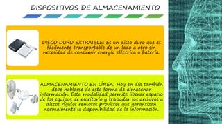 DISPOSITIVOS DE ALMACENAMIENTO
DISCO DURO EXTRAIBLE: Es un disco duro que es
fácilmente transportable de un lado a otro sin
necesidad de consumir energía eléctrica o batería.
ALMACENAMIENTO EN LÍNEA: Hoy en día también
debe hablarse de esta forma de almacenar
información. Esta modalidad permite liberar espacio
de los equipos de escritorio y trasladar los archivos a
discos rígidos remotos provistos que garantizan
normalmente la disponibilidad de la información.
 