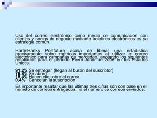 Uso del correo electrónico como medio de comunicación con clientes y socios de negocio mediante boletines electrónicos es ya estrategia común.  Harte-Hanks Postfuture acaba de liberar una estadística precisamente sobre métricas importantes al utilizar el correo electrónico para campañas de mercadeo, arrojando los siguientes resultados para el período Enero-Junio de 2006 en los Estados Unidos. 91.2%  Se entregan (llegan al buzón del suscriptor) 78.8%  Se abren  18.4%  Hacen clic sobre el correo 0.4%  Cancelan la suscripción Es importante resaltar que las últimas tres cifras son con base en el número de correos entregados, no el número de correos enviados. 