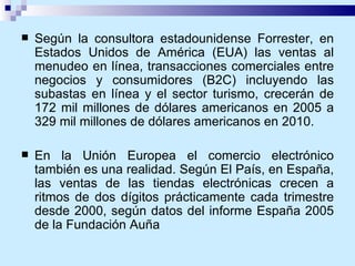 Según la consultora estadounidense Forrester, en Estados Unidos de América (EUA) las ventas al menudeo en línea, transacciones comerciales entre negocios y consumidores (B2C) incluyendo las subastas en línea y el sector turismo, crecerán de 172 mil millones de dólares americanos en 2005 a 329 mil millones de dólares americanos en 2010. En la Unión Europea el comercio electrónico también es una realidad. Según El País, en España, las ventas de las tiendas electrónicas crecen a ritmos de dos dígitos prácticamente cada trimestre desde 2000, según datos del informe España 2005 de la Fundación Auña 