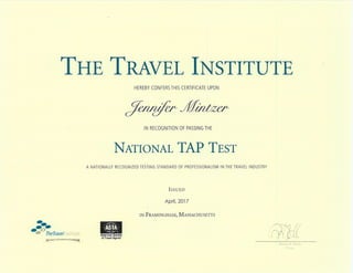 Jennifer Mintzer Travel Institute National Travel Agent Proficiency (TAP) Test Certificate