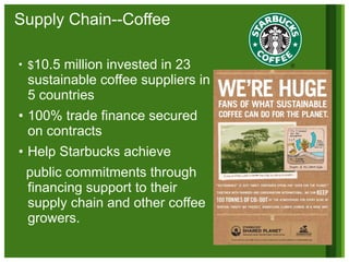 Supply Chain--Coffee  $ 10.5 million invested in 23 sustainable coffee suppliers in 5 countries 100% trade finance secured on contracts Help Starbucks achieve  public commitments through financing support to their supply chain and other coffee growers.  