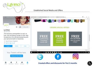 Established Social Media and Offers
Created offers and discounts for first 3 months
 
