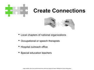 Create Connections
• Local chapters of national organizations
• Occupational or speech therapists
• Hospital outreach office
• Special education teachers
image available: https://www.publicdomainpictures.net/en/view-image.php?image=19960&picture=hands-holding-jigsaw
 