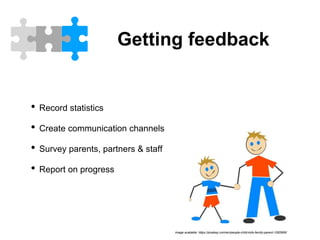 Getting feedback
• Record statistics
• Create communication channels
• Survey parents, partners & staff
• Report on progress
image available: https://pixabay.com/en/people-child-kids-family-parent-1082906/
 