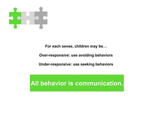 All behavior is communication.
For each sense, children may be…
Over-responsive: use avoiding behaviors
Under-responsive: use seeking behaviors
 